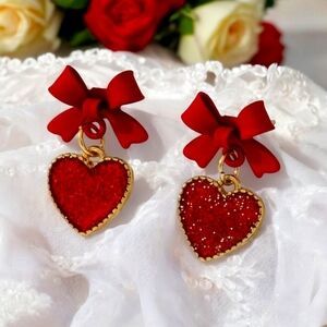 Red Heart & Bow Earrings Sparkling Alloy Gold Plated‎